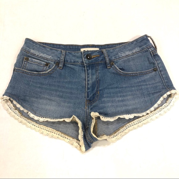 Roxy Festival Lace Hem Denim Shorts - Picture 1 of 7